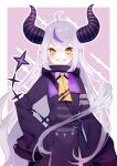  1girl ahoge ascot black_coat blush braid braided_bangs chiyomaru_(yumichiyo0606) coat collar demon_horns fang fangs flat_chest grey_hair hair_between_eyes hand_on_own_hip highres hololive horns jacket la+_darknesss la+_darknesss_(1st_costume) long_hair long_sleeves looking_at_viewer metal_collar multicolored_hair pointy_ears purple_background purple_coat purple_hair purple_jacket sleeves_past_fingers sleeves_past_wrists smile solo sparks streaked_hair striped_horns tail teeth very_long_hair virtual_youtuber wide_sleeves yellow_ascot yellow_eyes 
