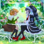  1boy 1girl :d absurdres angry artist_name black_socks black_thighhighs blurry blurry_background blush board_game brown_hair brown_skirt celestia_ludenberg center_frills chair chess chess_piece danganronpa:_trigger_happy_havoc danganronpa_(series) day drill_hair frilled_jacket frilled_skirt frills from_side fujisaki_chihiro grass green_jacket high_heels highres holding_chess_piece jacket kneehighs layered_skirt long_sleeves otoko_no_ko outdoors playing_chess profile red_footwear shirt short_hair sitting skirt smile socks table thighhighs twin_drills twinklelitchii twintails white_shirt 
