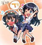  &gt;_o 2girls arms_up black_hair blue_eyes blue_sailor_collar blue_skirt blush brown_eyes brown_footwear chibi clothes_lift dated embarrassed fang flower green_armband hair_flower hair_ornament head_wreath heart highres holding holding_clothes holding_skirt implied_pantyshot logo long_hair midriff miniskirt multiple_girls neckerchief nose_blush one_eye_closed open_mouth red_neckerchief sailor_collar sakugawa_school_uniform saten_ruiko school_uniform serafuku shirt short_hair short_sleeves skin_fang skirt skirt_lift socks summer_uniform sweatdrop toaru_kagaku_no_railgun toaru_majutsu_no_index uiharu_kazari white_shirt white_socks yonabe 