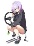  1girl absurdres ama_rei black_footwear black_hoodie blue_eyes blue_shorts blush copyright_name denim denim_shorts highres holding hood hoodie kawaii_fitment kawaii_fitment-chan looking_at_viewer open_mouth purple_hair shirt shoes short_hair short_shorts shorts smile sneakers solo squatting steering_wheel t-shirt white_background white_shirt 