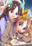  3girls =_= ? ahoge animal_ears blush bow braid brown_hair brown_sweater closed_eyes closed_mouth commentary_request copano_rickey_(umamusume) desk drooling ear_covers gloom_(expression) grey_hair hair_between_eyes hair_ornament hands_on_another&#039;s_shoulders head_rest highres hokko_tarumae_(umamusume) holding holding_pencil horse_ears horse_girl looking_at_viewer mouth_drool multicolored_hair multiple_girls notebook one_eye_closed open_mouth pencil purple_eyes purple_skirt school_desk school_uniform sitting skirt smile squiggle streaked_hair sweater tracen_school_uniform twin_braids umamusume wahiko_(black_bastard) white_bow white_hair window wonder_acute_(umamusume) writing 