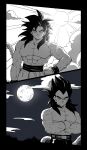  2boys abs blue_eyes commentary_request crossed_arms dragon_ball dragon_ball_gt frown full_moon greyscale hand_on_own_hip highres large_pectorals male_focus monkey_tail monochrome moon multiple_boys muscular muscular_male naraku_(zg8w5) pectorals smile son_goku spot_color sun super_saiyan super_saiyan_4 tail vegeta wristband yellow_eyes 