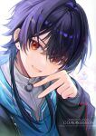  1boy bishounen black_hair black_jacket blue_vest commission earrings highres jacket jewelry male_focus multicolored_background multicolored_hair nixtutyannh o-ring open_mouth original piercing pink_background purple_hair red_eyes shirt short_hair_with_long_locks smile stud_earrings vest virtual_youtuber white_background white_shirt 