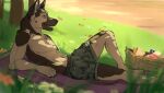  2018 anthro arm_support bare_chest basket belt blue_eyes bottomwear canid canine canis cheek_dots clothing container domestic_dog ears_up german_shepherd grass herding_dog hi_res knee_up leaning_on_elbow lying_on_ground male mammal outside pastoral_dog picnic_basket plant raaz raymond_(raymond) shorts solo 