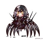 1girl arthropod_girl black_hair chibi chroneco full_body grey_hair hololive hololive_english looking_at_viewer multicolored_hair shiori_novella simple_background smile solo spider_girl taur twitter_username two-tone_hair watermark white_background yellow_eyes 