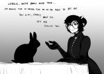  2022 anthro black_and_white black_body black_fur cedric_(hladilnik) dialogue didelphid duo english_text eyewear female feral fur glasses goth greyscale_background hair hair_bun hi_res hladilnik lagomorph leporid male mammal marsupial mary_ann_(hladilnik) monochrome rabbit text 