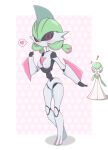  ! 2girls ^^^ arm_blade black_sclera black_skin blue_hair blush bob_cut border breasts colored_sclera colored_skin commentary flat_chest full_body gardevoir green_hair green_skin hair_between_eyes hair_over_one_eye hand_up highres honeycomb_(pattern) honeycomb_background humanoid_robot iron_valiant joints light_blush looking_at_another looking_at_viewer medium_breasts medium_hair mohawk multicolored_hair multicolored_skin multiple_girls nipples no_mouth o_o one_eye_covered open_mouth outside_border pink_background pixel_eyes pokemon pokemon_(creature) red_eyes red_hair robot robot_joints short_hair solo_focus standing straight-on surprised twintails two-tone_skin weapon white_border white_eyes white_skin x_(zvkm7328) 