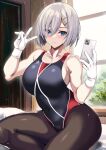  1girl alternate_costume black_one-piece_swimsuit black_pantyhose blue_eyes breasts cellphone closed_mouth commentary_request competition_swimsuit covered_navel gloves grey_hair hair_between_eyes hair_ornament hairclip hamakaze_(kancolle) hands_up highleg highleg_swimsuit highres holding holding_phone indoors kantai_collection kyogoku_shin large_breasts looking_at_phone one-piece_swimsuit pantyhose phone red_one-piece_swimsuit selfie short_hair sitting solo swimsuit thighs two-tone_swimsuit v white_gloves 