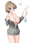  1girl absurdres blue_eyes bottle breast_pump breasts brown_hair cleavage cowboy_shot grey_jacket highres holding intrepid_(kancolle) jacket kantai_collection large_breasts looking_at_viewer maru_(marg0613) milk milking_machine open_clothes open_jacket ponytail short_hair simple_background solo twitter_username white_background 