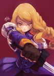 1girl absurdres agrias_oaks armor blonde_hair braid brown_gloves dated final_fantasy final_fantasy_tactics gloves highres holding holding_weapon looking_at_viewer red_background shoulder_armor signature solo sword weapon yellow_eyes zustos 
