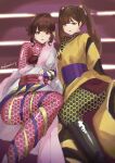  2girls absurdres aguilera_(kamen_rider_revice) black_footwear brown_hair cycloneactionx hachi_onna_(shin) highres japanese_clothes kamen_rider kamen_rider_(1st_series) kamen_rider_revice kimono looking_at_viewer medium_hair multiple_girls pink_kimono red_eyes shin_kamen_rider thighs tokusatsu twintails twitter_username yellow_kimono 