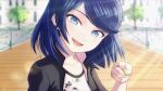  1girl alternate_hairstyle black_jacket blue_eyes blue_hair food highres hm89509321 holding holding_spoon jacket marinette_dupain-cheng medium_hair miraculous_ladybug open_mouth shirt smile solo spoon teeth tongue 