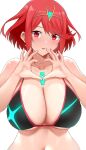  1girl arind_yudha bikini breasts chest_jewel cleavage earrings hands_up heart heart_hands highres jewelry large_breasts parted_lips pyra_(pro_swimmer)_(xenoblade) pyra_(xenoblade) red_eyes red_hair short_hair simple_background solo swimsuit tiara upper_body white_background xenoblade_chronicles_(series) xenoblade_chronicles_2 