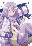  1girl arcaea blush book bow closed_mouth colon_br dress feet_out_of_frame frilled_dress frills from_side h hair_between_eyes hair_bow highres knees_up lagrange_(arcaea) legs_together long_hair looking_at_viewer monocle open_book pantyhose purple_bow purple_eyes purple_hair purple_pantyhose raised_eyebrows shawl sitting sleeveless sleeveless_dress solo straight_hair telescope white_shawl yellow_dress 