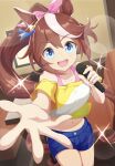  artist_name blue_eyes breasts brown_hair casual collarbone hair_between_eyes hair_ornament highres horse_girl karaoke kenshin1015 long_hair looking_at_viewer microphone midriff ponytail reaching reaching_towards_viewer shorts small_breasts sparkle tokai_teio_(umamusume) umamusume 