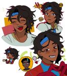  ! 2023 2boys ? bepp_11 blush brown_eyes brown_hair chibi closed_eyes closed_mouth collared_shirt dark-skinned_male dark_skin emoji heart highres korean_commentary male_focus marvel miles_morales multiple_boys necktie open_mouth pavitr_prabhakar school_uniform shirt simple_background smile speech_bubble spider-gwen spider-man:_across_the_spider-verse spider-man_(miles_morales) spider-man_(series) sweatdrop tea white_background 