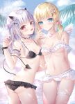  2girls :d :o ass ass_visible_through_thighs bare_shoulders bikini black_bikini black_choker blonde_hair blue_eyes blue_nails blue_sky bow breasts choker cleavage cloud collarbone commentary_request day demon_girl demon_horns demon_tail feathered_wings frilled_bikini frills grey_hair hair_bow hair_over_one_eye hand_up highres horns kohinata_hoshimi long_hair looking_at_viewer low_twintails medium_breasts mini_wings multiple_girls nail_polish navel original outdoors parted_lips pink_bow purple_bow red_eyes skindentation sky smile swimsuit tail thigh_gap thigh_strap twintails twisted_torso two_side_up white_bikini white_wings wings 
