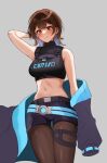  1girl arm_behind_head bare_shoulders belt black_shorts black_survival blush brown_hair charon_(duddnd2361) closed_mouth commentary_request crop_top estelle_(black_survival) eternal_return:_black_survival grey_background highres jacket jacket_partially_removed korean_commentary medium_hair midriff navel pantyhose red_eyes shorts simple_background sleeveless sleeveless_turtleneck smile solo stomach turtleneck two-sided_fabric two-sided_jacket 