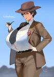  1girl belt black_hair black_necktie blue_eyes blue_sky blurry blurry_background bra_visible_through_clothes breasts brown_pants brown_suit collared_shirt curvy dated english_commentary fedora genderswap genderswap_(mtf) gigantic_breasts hand_on_own_hip hat highres holding holding_smoking_pipe julius_robert_oppenheimer lulu-chan92 necktie oppenheimer_(movie) pants pin pun shirt short_hair sky smoking_pipe solo standing suit thick_thighs thighs tomboy white_shirt 
