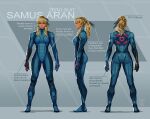 1girl blonde_hair blue_jumpsuit braid english_text feather_hair_ornament feathers hair_ornament jumpsuit looking_at_viewer looking_to_the_side max_kay metroid muscular muscular_female ponytail reference_sheet samus_aran signature tall_female twin_braids zero_suit 