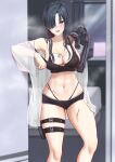  1girl angelia_(girls&#039;_frontline) bare_shoulders black_hair black_shorts blush breasts chinese_commentary cleavage collarbone commentary_request dog_tags girls&#039;_frontline hair_over_one_eye hand_up highres large_breasts long_hair long_sleeves looking_at_viewer mechanical_arms micro_shorts navel off_shoulder one_eye_covered open_mouth popoman scar see-through shorts single_mechanical_arm smile solo standing thigh_strap thighs yellow_eyes 