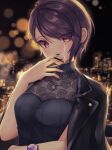  1girl absurdres black_jacket black_nails black_shirt blurry blurry_background breasts cigarette city covering_mouth earrings floral_print gundou_mirei gundou_mirei_(5th_costume) highres jacket jacket_on_shoulders jewelry leather leather_jacket looking_at_viewer medium_breasts necklace night nijisanji purple_eyes purple_hair rai_(newtype_xm-x1) ribbed_shirt see-through shirt short_hair smoke solo swept_bangs tank_top turtleneck upper_body virtual_youtuber watch white_tank_top wristwatch 