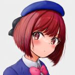  1girl absurdres arima_kana beret black_ribbon blue_headwear blue_jacket blush bob_cut bow bowtie collared_shirt commentary hat hat_ribbon highres inverted_bob jacket looking_at_viewer nashina_(nanasia74a) oshi_no_ko pink_bow pink_bowtie portrait pout red_eyes red_hair ribbon school_uniform shirt short_hair simple_background solo swept_bangs white_background white_shirt youtou_high_school_uniform 