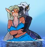  anthro bottomwear clothed clothing cuddling digital_drawing_(artwork) digital_media_(artwork) dress duo embrace female female/female fish fishnet hair hi_res hug humanoid marine marshbreeze outside piercing romantic romantic_couple shark shirt shorts simple_background sky smile topwear water 