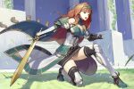  1girl absurdres black_gloves black_skirt black_thighhighs breasts celica_(fire_emblem) cleavage column commission dress elbow_gloves fingerless_gloves fire_emblem fire_emblem_echoes:_shadows_of_valentia fire_emblem_heroes gloves grass green_hairband hairband highres holding holding_sword holding_weapon long_hair metal_hairband mytea_(soso) official_alternate_costume open_hand open_mouth orange_eyes orange_hair panties pillar skeb_commission skirt small_breasts solo stairs strapless strapless_dress sword thighhighs underwear weapon white_dress white_panties 