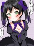  1girl :o alternate_costume black_collar black_dress black_hair blush bow breasts cleavage collar commentary dress gothic_lolita gradient_hair green_eyes hair_bow highres lolita_fashion looking_at_viewer love_live! love_live!_nijigasaki_high_school_idol_club medium_breasts medium_hair multicolored_hair neck_ribbon open_mouth polka_dot polka_dot_background puffy_sleeves purple_background purple_bow purple_hair purple_ribbon raised_eyebrows ribbon sakura_apple_7 shy solo takasaki_yuu translation_request twintails v_arms 