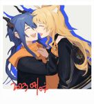  2girls ahoge alternate_costume animal_ears arknights black_jacket blonde_hair blue_hair blue_outline blush border ch&#039;en_(arknights) closed_eyes dated face-to-face fang fangs grey_background hair_between_eyes hand_on_another&#039;s_shoulder highres hood hood_down hoodie jacket laughing long_hair long_sleeves low_twintails multiple_girls open_clothes open_jacket orange_hoodie outline sidelocks simple_background swire_(arknights) teeth tiger_ears twintails upper_body upper_teeth_only vento white_border 