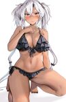  1girl absurdres alternate_costume bikini black_bikini black_nails breasts brown_eyes commentary_request dark-skinned_female dark_skin front-tie_bikini_top front-tie_top grey_hair hand_up highres kantai_collection kneeling large_breasts long_hair looking_at_viewer musashi_(kancolle) nail_polish navel semi-rimless_eyewear side-tie_bikini_bottom solo swimsuit toenail_polish toenails twintails two_side_up very_long_hair yunamaro 