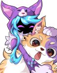  1girl absurdres animal animal_costume animal_ear_fluff animal_ears animal_hands beseunaj-jamjaneun_gemdol-i cats_vs_dogs_kindred cosplay dog dog_costume dog_ears fake_animal_ears fur_trim gloves happy highres hug kigurumi kindred_(league_of_legends) lamb_(league_of_legends) league_of_legends long_sleeves pink_eyes simple_background smile solo tongue tongue_out white_background 