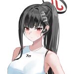  1girl black_hair blue_archive blunt_bangs blush breasts closed_mouth hair_ornament hairclip halo hee_(user_ykux4248) high_ponytail highres large_breasts long_hair ponytail red_eyes rio_(blue_archive) simple_background solo sports_bra sportswear standing upper_body white_background white_sports_bra 