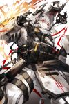  1girl absurdres arknights armor black_gloves broken_mask damaged fire gloves hammer highres holding holding_hammer hood horns long_hair mask milktea_wegan mudrock_(arknights) pointy_ears red_eyes white_background white_hair 