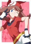  1girl :3 bandana blue_eyes breasts brown_hair commentary_request dokushibuki eyelashes fanny_pack gloves hand_on_own_hip highres may_(pokemon) pink_background pokemon pokemon_rse red_bandana red_shirt shirt short_sleeves simple_background solo solo_focus v yellow_bag 