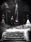  1boy absurdres blurry chromatic_aberration cloak dual_wielding faceless film_grain full_body greyscale highres holding hood hood_up hooded_cloak male_focus maro_(m_r_6717) monochrome outdoors photo_background sleeves_past_elbows solo stairs standing stone_stairs sword touken_ranbu tree weapon wide_shot yamanbagiri_kunihiro 