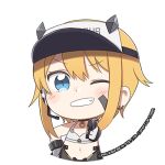  1girl black_choker black_gloves blue_eyes chibi choker clothes_writing dot_nose earrings gloves goddess_of_victory:_nikke grin hand_on_own_hip headset jewelry looking_at_viewer lowres maxwell_(nikke) navel official_art one_eye_closed orange_hair round_image slit_pupils smile solo sports_bra totatokeke two-tone_gloves upper_body v-shaped_eyebrows visor_cap white_gloves white_sports_bra 