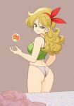  1girl ass bed_sheet blonde_hair breasts commentary curly_hair dragon_ball dragon_ball_(classic) dragon_ball_(object) from_behind hair_ribbon hairband highres long_hair looking_at_viewer lunch_(dragon_ball) medium_breasts midriff panties ribbon rokoido12 simple_background smile smirk solo tank_top underwear white_panties 