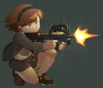  1girl bleedman bob_cut brown_eyes brown_footwear brown_hair bullpup commentary english_commentary firing full_body grey_background grey_jacket grey_skirt gun gunslinger_girl hairband henrietta_(gunslinger_girl) holding holding_gun holding_weapon jacket loafers long_sleeves muzzle_flash on_one_knee open_clothes open_jacket p90 pleated_skirt shell_casing shirt shoes short_hair simple_background skirt socks solo submachine_gun v-shaped_eyebrows weapon white_shirt 