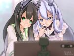  2girls :i black_hair blurry blurry_foreground dated dress green_eyes green_sailor_collar grey_hair hair_between_eyes headgear i-203_(kancolle) i-47_(kancolle) infini kantai_collection long_hair long_sleeves looking_at_viewer multiple_girls nail_polish official_alternate_costume pink_nails pout purple_eyes sailor_collar sailor_dress selfie short_sleeves twitter_username v 