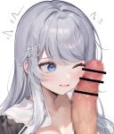  1girl bar_censor blue_eyes censored erection grey_hair hair_ornament hairclip highres long_hair looking_to_the_side machi_(7769) mosaic one_eye_closed open_mouth original penis penis_on_face solo sweatdrop upper_body 