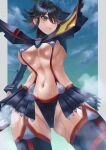  1girl absurdres arm_up black_hair blue_eyes blue_sky breasts cloud colored_inner_hair commentary_request highres kenosousaku kill_la_kill living_clothes long_sleeves looking_ahead matoi_ryuuko medium_breasts miniskirt multicolored_hair navel revealing_clothes senketsu short_hair skirt sky steaming_body stomach suspenders sweat thighhighs thighs two-tone_hair underboob 