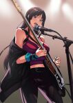  1girl akiyama_mio bass_guitar belt black_belt black_eyes black_hair black_jacket black_pants breasts commentary cowboy_shot english_commentary highres holding holding_instrument instrument jacket k-on! large_breasts long_hair mark_henry_bustamante microphone microphone_stand midriff music open_mouth pants playing_instrument red_tank_top sidelocks singing solo standing sweat tank_top teeth upper_teeth_only 