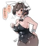  1girl animal_ears artist_name bangs black_hair black_leotard black_pantyhose blush breasts cleavage commentary cowboy_shot dated fake_animal_ears groin hair_between_eyes hair_ornament highres jingei_(kancolle) kantai_collection kirisawa_juuzou large_breasts leotard open_mouth pantyhose rabbit_ears red_eyes short_hair signature simple_background solo speech_bubble strapless strapless_leotard translation_request white_background wrist_cuffs 