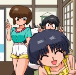  2girls blue_hair blush breasts brown_hair closed_eyes double_v father_and_son indoors multiple_girls open_mouth panda ranma_1/2 saotome_genma_(panda) saotome_ranma short_hair shorts siblings sisters tendou_akane tendou_nabiki v wanta_(futoshi) white_shorts 