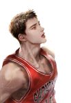  1boy basketball_jersey brown_hair character_request dong2342 facing_to_the_side highres lipgloss looking_up male_focus realistic short_hair simple_background slam_dunk_(series) solo sweatdrop upper_body white_background 