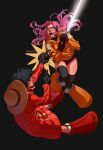  1boy 1girl artist_name black_background black_gloves black_hair blush bodysuit bulic-h full_body gloves hat hat_removed headphones headwear_removed highres holding holding_sword holding_weapon jewelry_bonney lipstick long_hair makeup monkey_d._luffy one_piece open_mouth pink_hair short_hair straw_hat sword weapon 