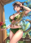  1girl arm_up aruma_jiki bikini blue_eyes bracelet breasts brown_hair day facial_mark final_fantasy final_fantasy_xiv green_bikini hand_on_headwear jewelry large_breasts long_hair miqo&#039;te open_mouth pendant_choker ponytail shirt side-tie_bikini_bottom solo swimsuit tied_shirt tree visor_cap warrior_of_light_(ff14) whisker_markings 