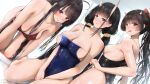  3girls agano_(azur_lane) all_fours alternate_costume azur_lane bare_shoulders black_hair black_one-piece_swimsuit blue_one-piece_swimsuit blunt_bangs blush body_blush breasts cleavage closed_mouth covered_navel english_commentary hair_ornament horns kitsune-neko kneeling large_breasts long_hair looking_at_viewer mixed-language_commentary multiple_girls noshiro_(azur_lane) one-piece_swimsuit oni_horns parted_lips patreon_username ponytail purple_eyes red_eyes red_one-piece_swimsuit sakawa_(azur_lane) school_swimsuit sideboob smile swimsuit thighs twintails 